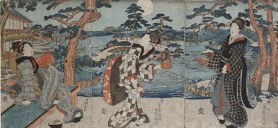 19世紀初頭から中期にかけて、お客様をお迎えする前にレストランで余暇を楽しむ（木版画（三連祭壇画）） 作： Utagawa Kunisada III