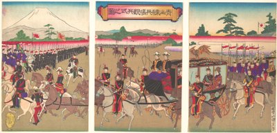 1889 年 2 月、青山での軍の視察パレードの様子、明治 22 年 2 月、1889 年 2 月、明治 22 年 2 月。 作： Utagawa Kunisada II