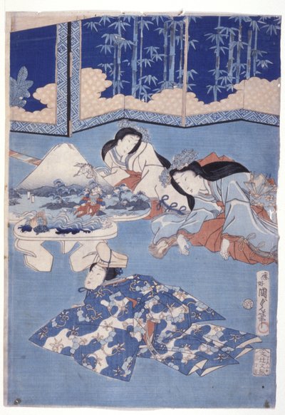 Kevät toivottaa tervetulleeksi kukkaistuimella (Hana Soroi Haru No Taimen) (värillinen puupainatus) 作： Utagawa Kunisada II