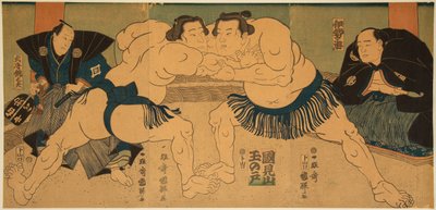 大相撲の力士の戦い、多賀城対鮎瀬川。歌川国輝（1808-1876）の版画 作： Utagawa Kuniteru