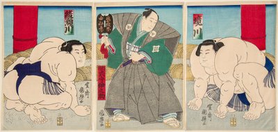 大相撲の力士、境川と綾瀬川の戦い。歌川国輝（1808-1876）の版画 作： Utagawa Kuniteru
