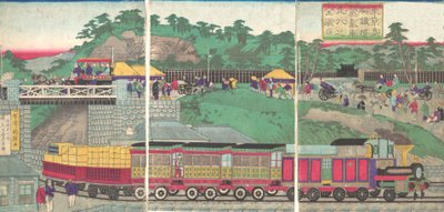 東京の高輪鉄道を走る蒸気機関車のイラスト Tokyo ta..., ca. 1873年。 作： Utagawa Kuniteru
