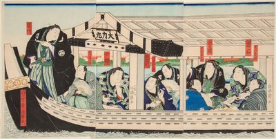 大相撲の大力丸が友人たちと船に乗っている様子。歌川国輝（1808-1876）の版画 作： Utagawa Kuniteru