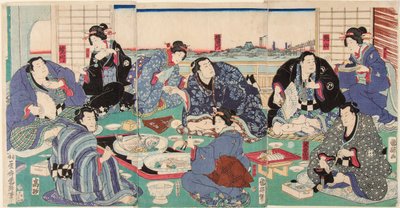 大相撲の境川浪右衛門（左）と力士、芸者たちとの宴席。歌川国貞（1808-1876）の版画 作： Utagawa Kuniteru