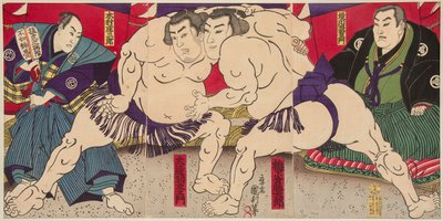 Combat des lutteurs de sumo Umegatani Rodachi et Kimura Shonosuke. Estampe de Utagawa Kunitoshi (1847-1899), vers 1885 - Wrestling match Umegatani Rodachi vs Kimura Shonosuke, by Kunitoshi, Utagawa (1847-1899). Colour woodcut, ca 1885. Dimension : 38x72,5 作： Utagawa Kunitoshi