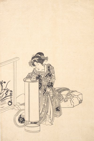 若い女性が背の高いランプにもたれかかっています。 作： Utagawa Kuniyasu