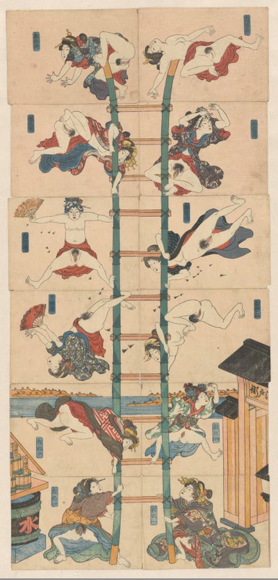 娼婦がアクロバティックな消防士の役を演じる十二小判春画シリーズ 作： Utagawa Kuniyoshi (school of)
