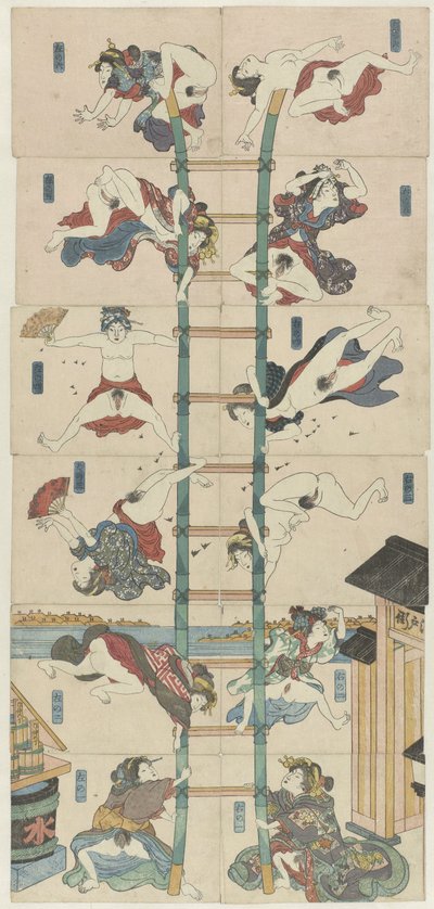 娼婦がアクロバティックな消防士の役を演じる十二小判春画シリーズ 作： Utagawa Kuniyoshi (school of)