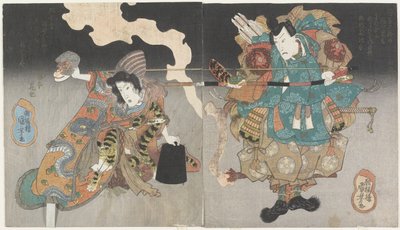 （モンキーマスクを持つ戦士と女）、c。 1843-1847 作： Utagawa Kuniyoshi