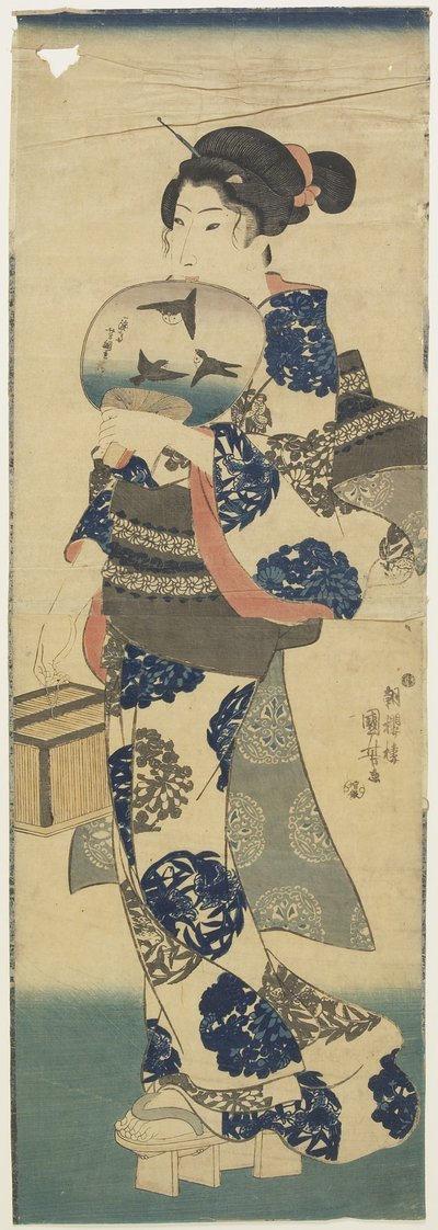 （ファンとクリケットのケージを持つ女性）、1843-1847 作： Utagawa Kuniyoshi