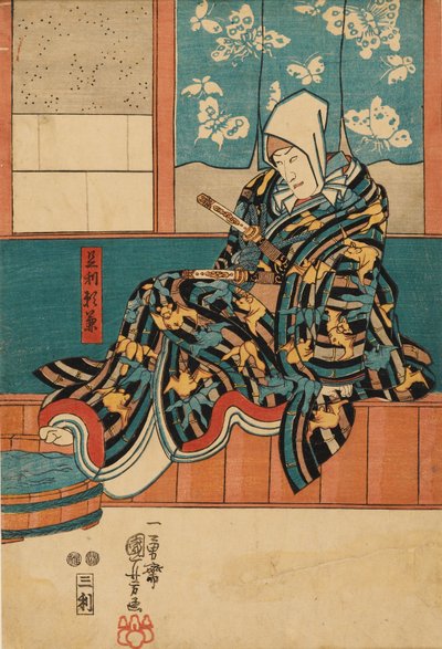 舞台の端に座る俳優、1798～1861年 作： Utagawa Kuniyoshi