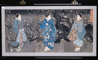 3人の美人と夜行性のシーンを描いたお坊さん三連祭壇画 作： Utagawa Kuniyoshi