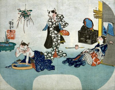 夏にくつろぐ擬人化された猫たち、1842年頃 作： Utagawa Kuniyoshi