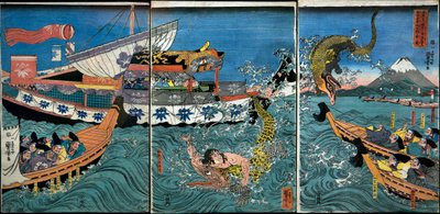朝比奈義秀が鎌倉小坪の海で2匹のワニと戦った話 作： Utagawa Kuniyoshi