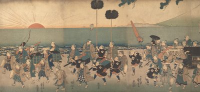 大名行列を演じる少年たち、19世紀。 作： Utagawa Kuniyoshi