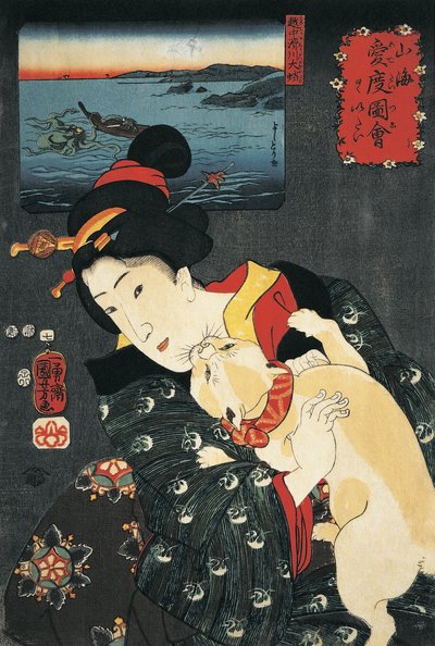 猫を抱っこしている若い女性のクローズアップ 作： Utagawa Kuniyoshi
