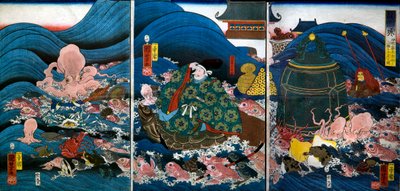 竜宮竜王、俵藤田秀郷に三種の神器を贈る（竜宮城 作： Utagawa Kuniyoshi