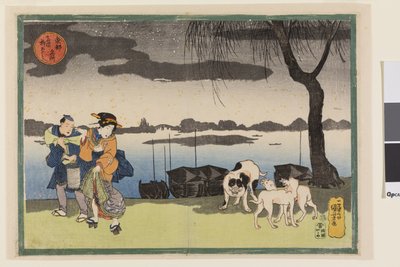 両国の柳橋付近の芸者、付き人、三匹の犬 東都名所図会シリーズより 1834年頃（錦絵、紙に墨、彩色） 作： Utagawa Kuniyoshi