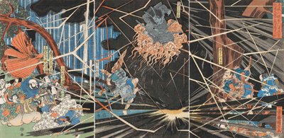 Ghost of Akugenda Yoshihira Attacking Nanba Jiro at Nunobiki Waterfall, ca 1825.  作： Utagawa Kuniyoshi