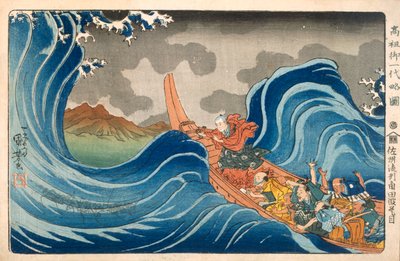 嵐を静める日蓮、1830 年代。 作： Utagawa Kuniyoshi