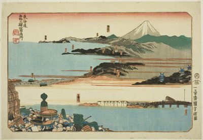 Nihonbashi, Shinagawa, Kawasaki, and Kanagawa, from the series "Famous Places on the Fifty-three Stations of the Tokaido, Four Stations (Tokaido gojusan eki yonshuku meisho)" 作： Utagawa Kuniyoshi