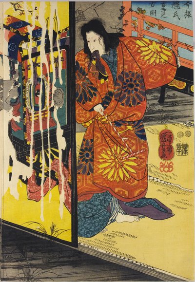 木版三連祭壇画「今代輝二古寺の小津」の一部 作： Utagawa Kuniyoshi