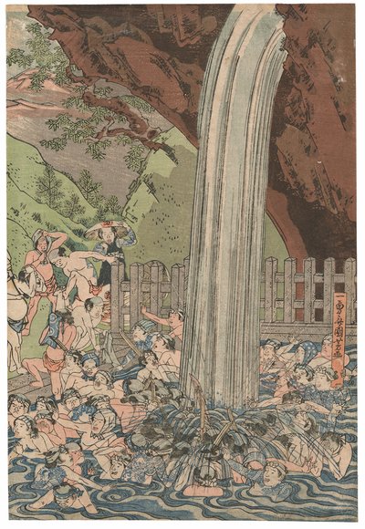 大山の鮫の滝の巡礼者、一湯斎国芳に署名、東屋大助、きわめシール、オーバン立江三連祭壇画（カラー木版画） 作： Utagawa Kuniyoshi