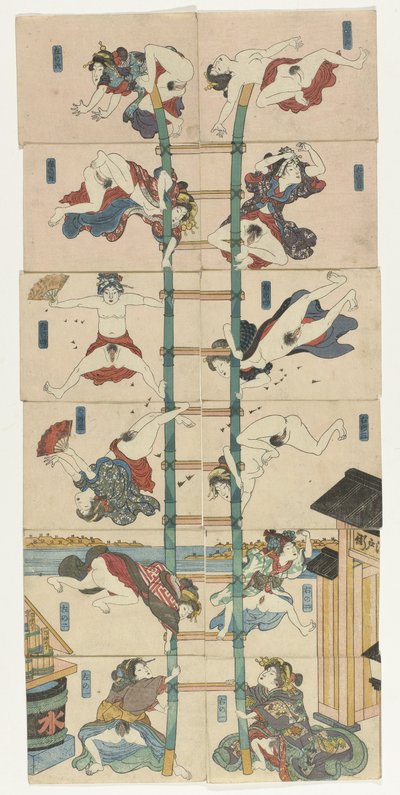 娼婦がアクロバティックな消防士の役を演じる十二小判春画シリーズ 作： Utagawa Kuniyoshi