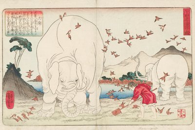 象とスズメの群れの助けを借りて畑を這う泰順、一湯斎国芳画、1843年頃（カラー木版画）に署名 作： Utagawa Kuniyoshi