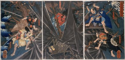 英雄ライコの家臣（944-1021）に殺されたアーススパイダー（ 『源の頼み、944-1021』）、1838年頃（カラー版） 作： Utagawa Kuniyoshi
