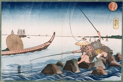「鉄砲水で釣りをする三人の釣り人」、シリーズ「東都の名所」 作： Utagawa Kuniyoshi