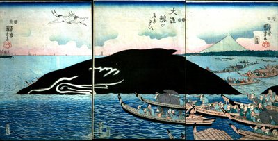 捕獲されたクジラを囲む人々の群れ 作： Utagawa Kuniyoshi