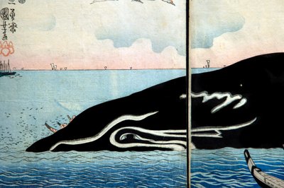 捕獲されたクジラを囲む人々の群れ 作： Utagawa Kuniyoshi
