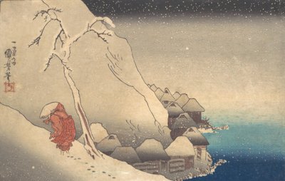 吹雪の中の旅行、1830年頃。 作： Utagawa Kuniyoshi