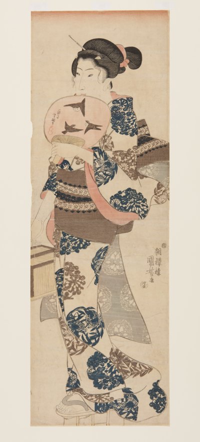 扇子と虫かごを持つ女」（カラー木版画 作： Utagawa Kuniyoshi