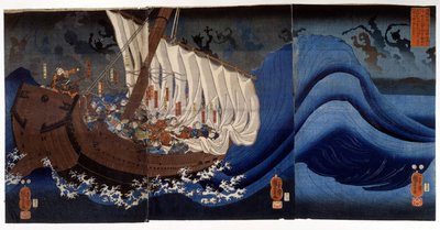 殺した敵の妖怪に襲われる源義経。歌川国芳画、19世紀初頭。 作： Utagawa Kuniyoshi
