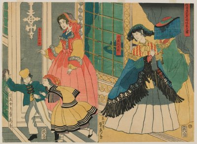 海外からの外国商人の住居の写真：ポルトガルと南アメリカ、江戸時代、1861年（カラー木版画） 作： Utagawa Sadahide