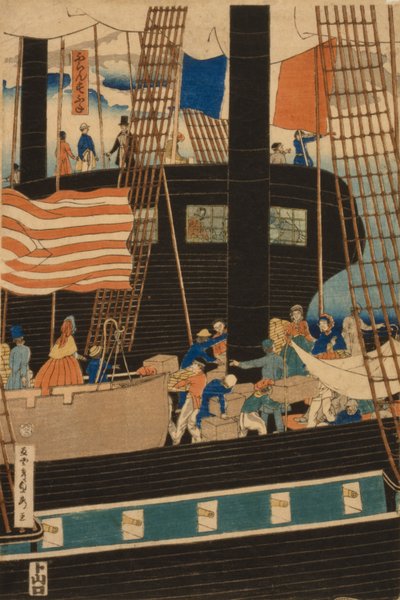 1861年に横浜で貨物を積んだ西洋の商人 作： Utagawa Sadahide