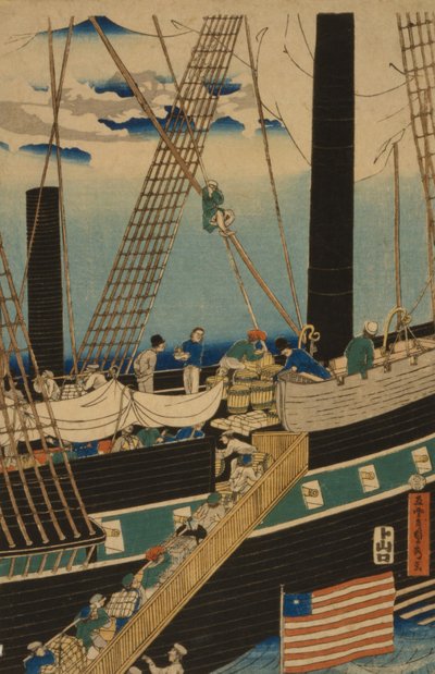 1861年に横浜で貨物を積んだ西洋の商人 作： Utagawa Sadahide