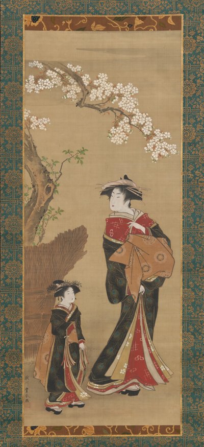 19世紀初頭、桜の木の下で花魁と付き添い。 作： Utagawa Toyoharu