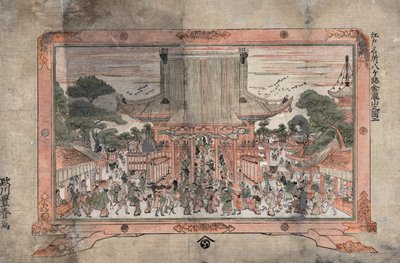 大きな寺院に入る人々。外には屋台が並ぶ。足付き額縁に入った絵の版画、1770年頃。歌川豊春（1735-1814）日本の浮世絵師。群衆 宗教 礼拝 作： Utagawa Toyoharu