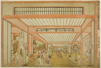 日本の応接室の風景 - 現代風の鼠の日の娯楽 作： Utagawa Toyoharu