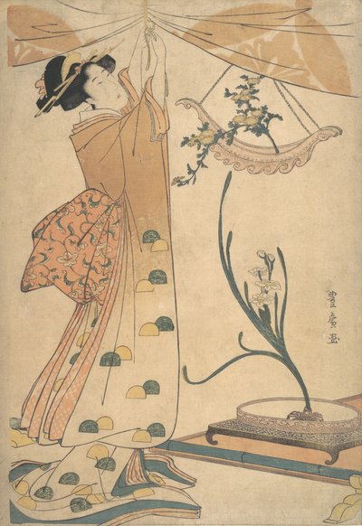 カーテンを締める女、船形のハに菊のフラワーアレンジメント、約. 1805年。 作： Utagawa Toyohiro
