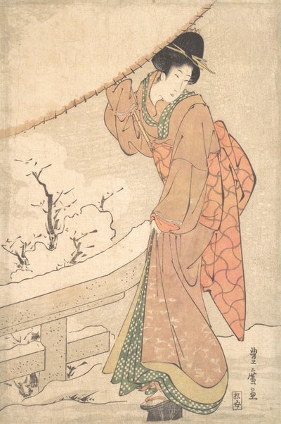 雪の嵐の中で雪の積もった傘を持つ若い女性 1802年頃 作： Utagawa Toyohiro