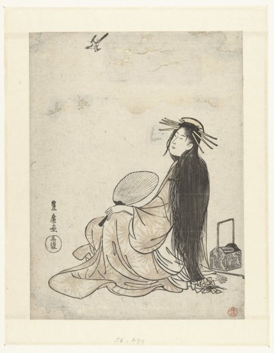 扇風機と喫煙具を持った花魁がカッコウを見上げる 作： Utagawa Toyohiro