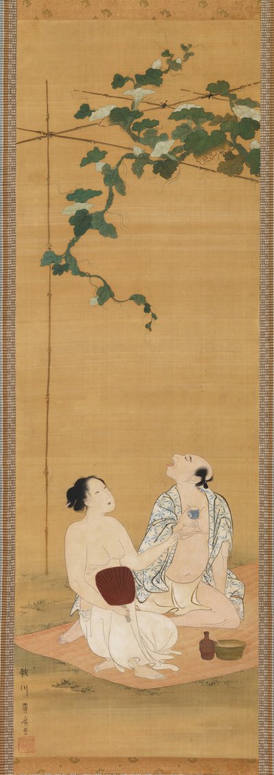 ひょうたん棚の下で夕方の涼しさを楽しむ、19 世紀初頭。 作： Utagawa Toyohiro