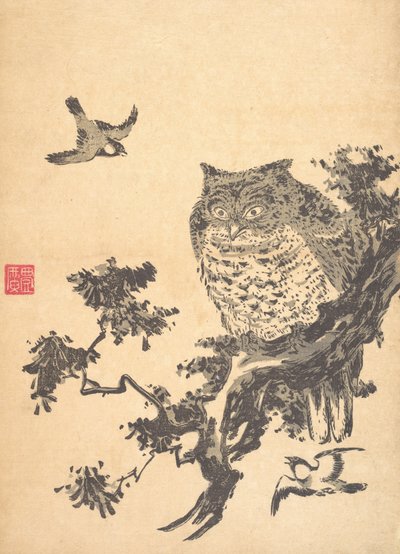 フクロウと 2 つのツバメ。 作： Utagawa Toyohiro