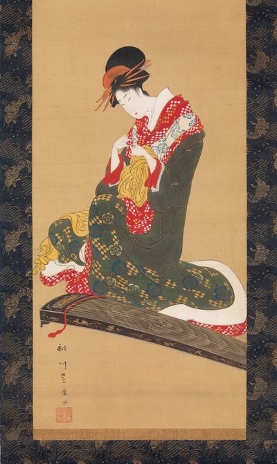 箏を弾くために指バチをつける女性、19世紀初頭。 作： Utagawa Toyohiro
