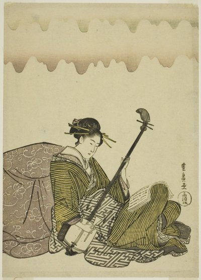 無題の女性の余暇シリーズより、三味線を弾く女性 作： Utagawa Toyohiro