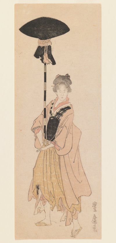 若い女性が行列のために装飾されたポールを運ぶ、1805-6年頃（木版画、狭い小判立絵摺物スタイルの印刷） 作： Utagawa Toyohiro